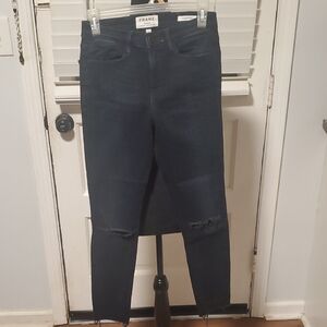 Frame Dark Denim Women’s Knee-Ripped Skinny Jeans